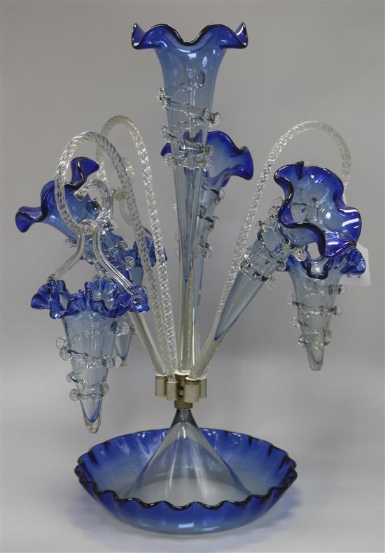 A Victorian blue tinged clear glass epergne
